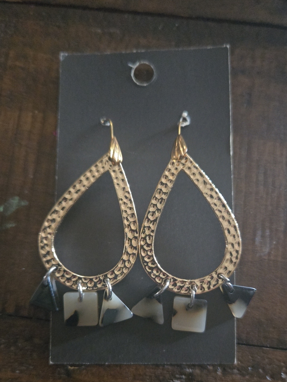 Gold Teardrop Dangle Earrings with Black and White Charms